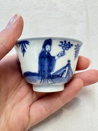 A set of four Chinese blue and white 'Sense of Smell' cups and saucers, artemisia leaf mark, Kangxi