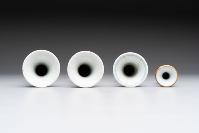 A varied collection of eight Chinese blue and white vases, two teapots and two loving cups, Kangxi/Qianlong