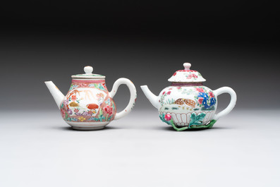A group of five Chinese famille rose teapots and covers and three stands, Yongzheng/Qianlong