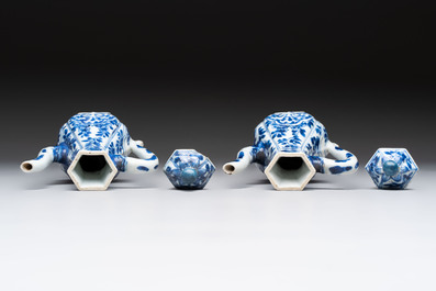 Three Chinese Imari-style teapots and two blue and white jugs, Kangxi
