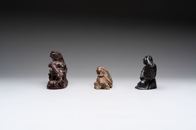 Five various Chinese wooden carvings and a censer, 19/20th C.