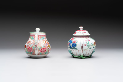 A group of five Chinese famille rose teapots and covers and three stands, Yongzheng/Qianlong