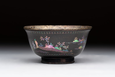 A Chinese silver-lined laque burgaut&eacute; bowl with figural design, Kangxi