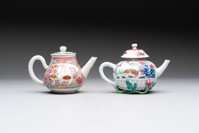 A group of five Chinese famille rose teapots and covers and three stands, Yongzheng/Qianlong
