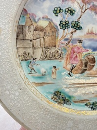 A Chinese famille rose bianco-sopra-bianco 'Peter The Great in Zaandam' plate, Qianlong