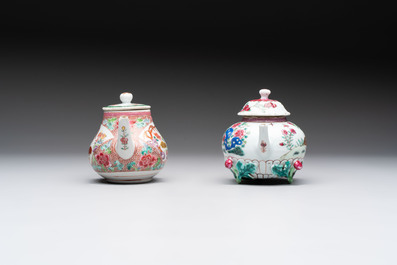 A group of five Chinese famille rose teapots and covers and three stands, Yongzheng/Qianlong