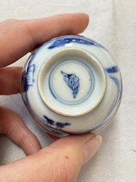A set of four Chinese blue and white 'Sense of Smell' cups and saucers, artemisia leaf mark, Kangxi