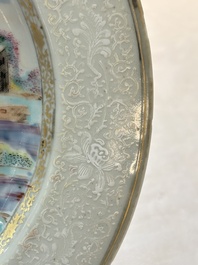 A Chinese famille rose bianco-sopra-bianco 'Peter The Great in Zaandam' plate, Qianlong