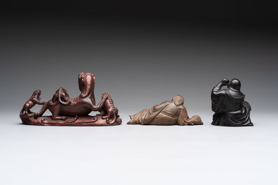 Five various Chinese wooden carvings and a censer, 19/20th C.