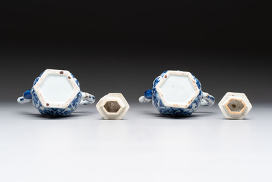 Three Chinese Imari-style teapots and two blue and white jugs, Kangxi