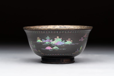 A Chinese silver-lined laque burgaut&eacute; bowl with figural design, Kangxi