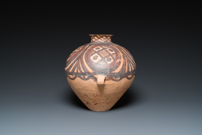 Three Chinese painted pottery jars, Majiayao Yangshao culture, 3/2nd millennium B.C.
