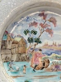 A Chinese famille rose bianco-sopra-bianco 'Peter The Great in Zaandam' plate, Qianlong