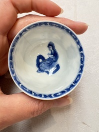 A set of four Chinese blue and white 'Sense of Smell' cups and saucers, artemisia leaf mark, Kangxi