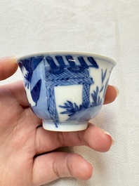 A set of four Chinese blue and white 'Sense of Smell' cups and saucers, artemisia leaf mark, Kangxi