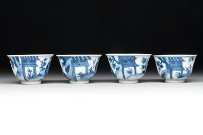 A set of four Chinese blue and white 'Sense of Smell' cups and saucers, artemisia leaf mark, Kangxi