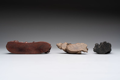 Five various Chinese wooden carvings and a censer, 19/20th C.