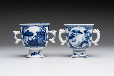 A varied collection of eight Chinese blue and white vases, two teapots and two loving cups, Kangxi/Qianlong