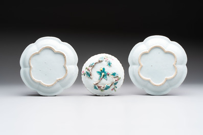 A group of five Chinese famille rose teapots and covers and three stands, Yongzheng/Qianlong