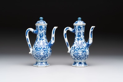 Three Chinese Imari-style teapots and two blue and white jugs, Kangxi