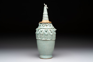 A Chinese qingbai-glazed covered urn applied with zodiac figures, Song