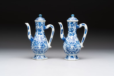 Three Chinese Imari-style teapots and two blue and white jugs, Kangxi