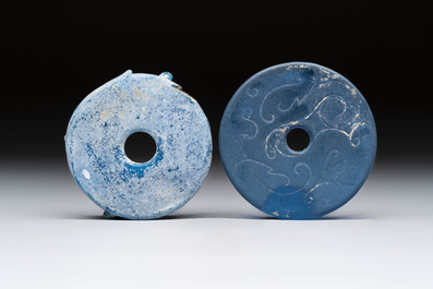 Four Chinese blue glass 'bi' discs, Han/Song