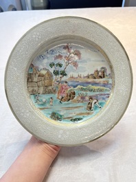 A Chinese famille rose bianco-sopra-bianco 'Peter The Great in Zaandam' plate, Qianlong