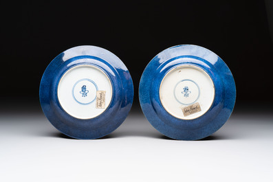 A pair of fine Chinese famille verte powder-blue-ground 'bird on branch' plates, Kangxi