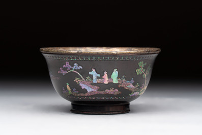 A Chinese silver-lined laque burgaut&eacute; bowl with figural design, Kangxi