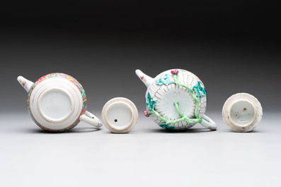 A group of five Chinese famille rose teapots and covers and three stands, Yongzheng/Qianlong