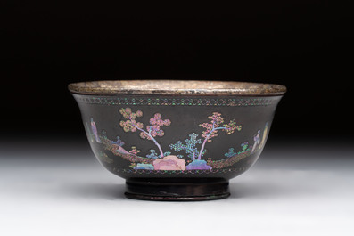 A Chinese silver-lined laque burgaut&eacute; bowl with figural design, Kangxi