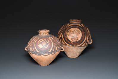 Three Chinese painted pottery jars, Majiayao Yangshao culture, 3/2nd millennium B.C.