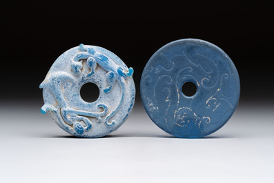 Four Chinese blue glass 'bi' discs, Han/Song