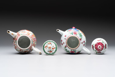 A group of five Chinese famille rose teapots and covers and three stands, Yongzheng/Qianlong