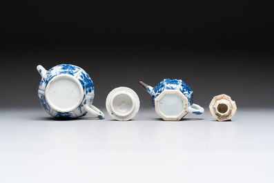 A varied collection of eight Chinese blue and white vases, two teapots and two loving cups, Kangxi/Qianlong
