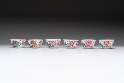 A set of six Chinese famille rose 'peacock' cups and saucers, Yongzheng