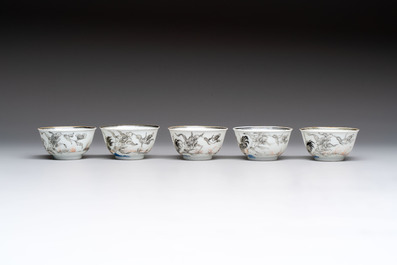 Five Chinese grisaille and iron-red-decorated cups and six saucers with fighting roosters, Yongzheng