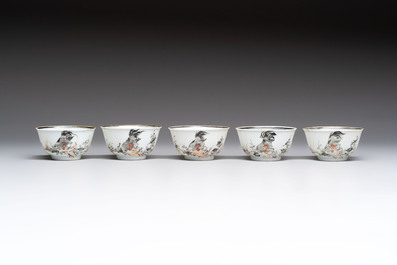 Five Chinese grisaille and iron-red-decorated cups and six saucers with fighting roosters, Yongzheng