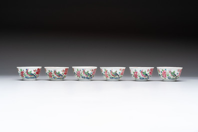A set of six Chinese famille rose 'peacock' cups and saucers, Yongzheng