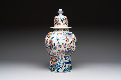 A Dutch delft cashmere palette vase and cover with birds among flowering branches, ca. 1700