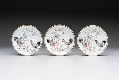 Five Chinese grisaille and iron-red-decorated cups and six saucers with fighting roosters, Yongzheng
