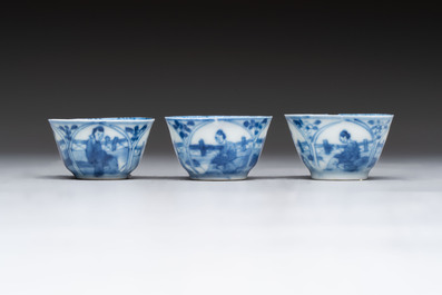 Six Chinese blue and white cups and ten saucers, Kangxi