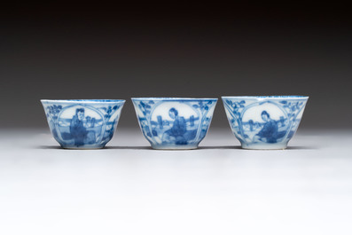 Six Chinese blue and white cups and ten saucers, Kangxi