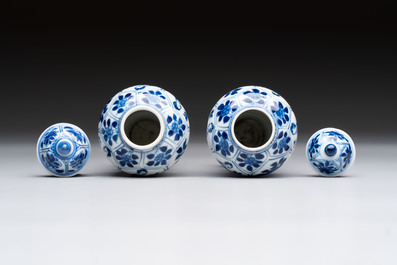 A pair of Chinese blue and white 'Long Eliza and playing boys' covered vases, Kangxi