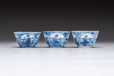 Six Chinese blue and white cups and ten saucers, Kangxi