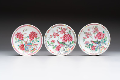 A set of six Chinese famille rose 'peacock' cups and saucers, Yongzheng
