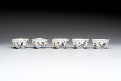 Five Chinese grisaille and iron-red-decorated cups and six saucers with fighting roosters, Yongzheng