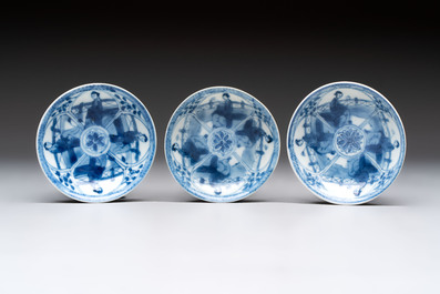 Six Chinese blue and white cups and ten saucers, Kangxi