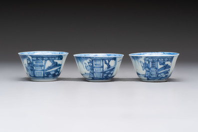 Six Chinese blue and white cups and ten saucers, Kangxi
